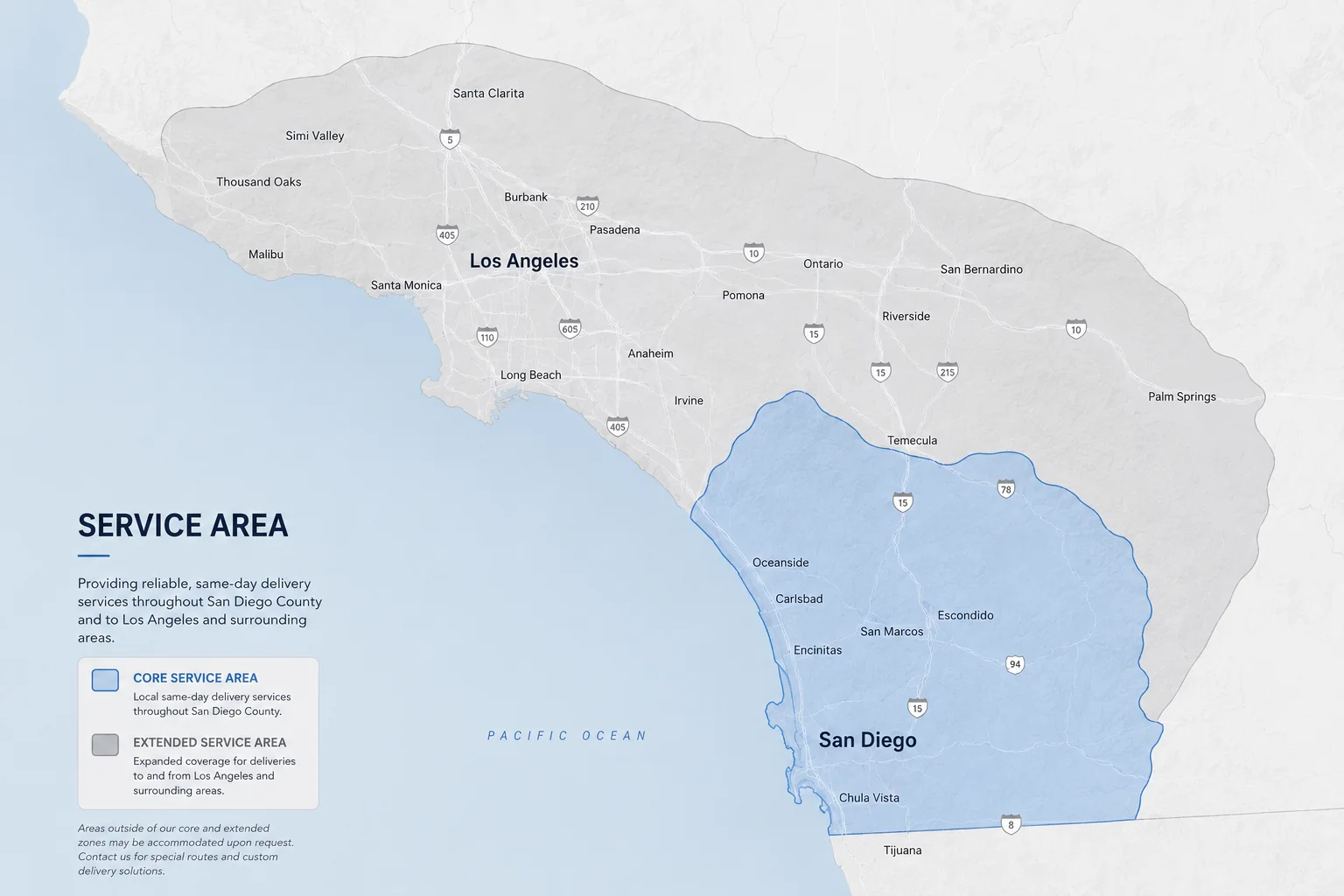 Driftline Express service area map showing San Diego County core coverage and extended Los Angeles coverage